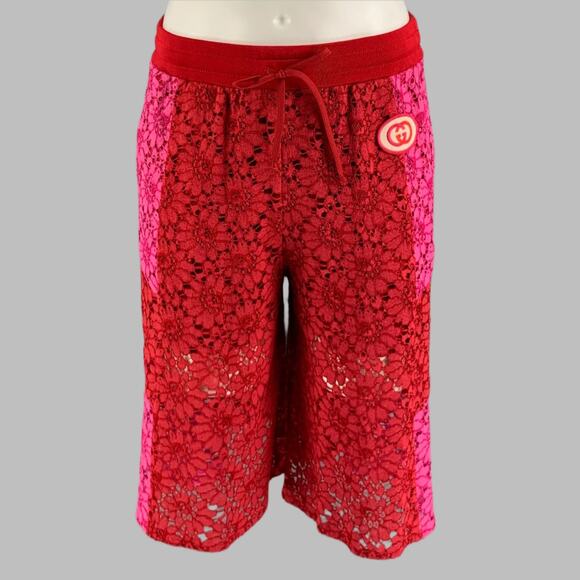 GUCCI Size XS Red Pink Floral Viscose Lace Up Shorts - Picture 1 of 6